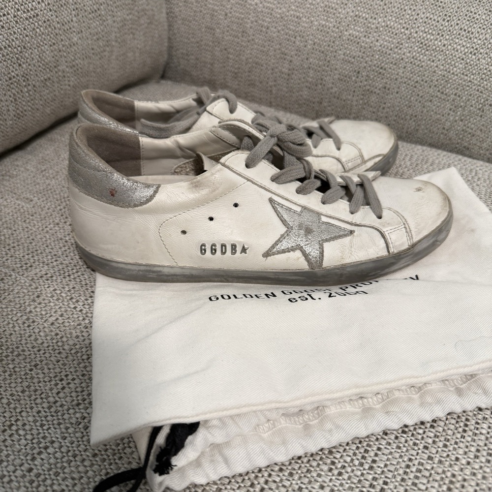 Golden Goose Super-Star White Sneakers with Gray Star Accents Size 38